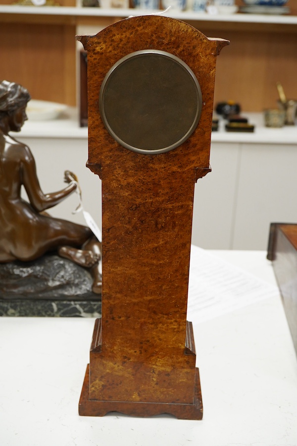 A small French amboyna model of a longcase timepiece, with key, 44cm high